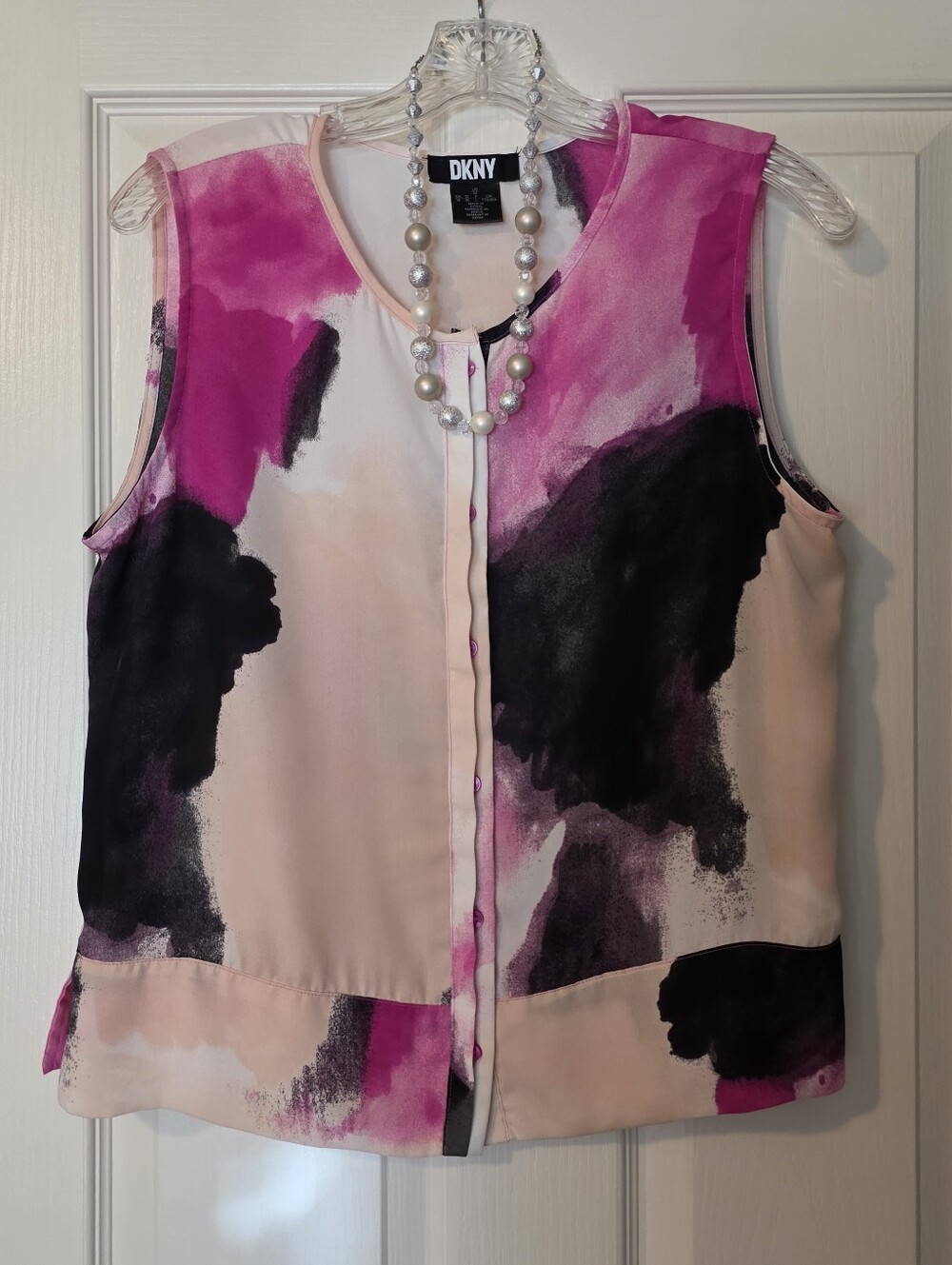 DKNY Pink and Black Sleeveless Abstract Print Button-down Blouse Size M